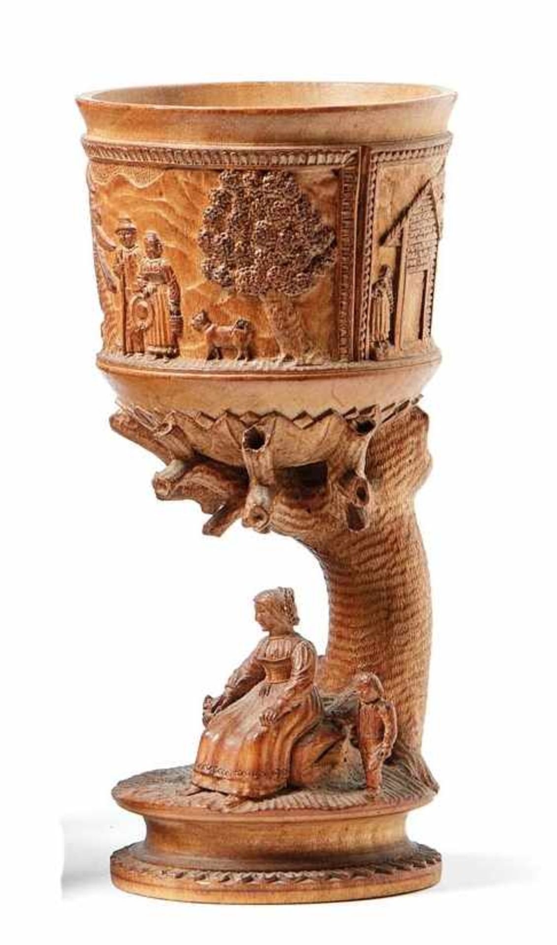 Carved CupBrienz, 19th centuryAbove a profiled pedestal in the shape of a tree with a farmer's