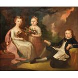 Family portrait with three childrenAustria, 18th centuryTwo girls, one with a flower basket, the
