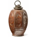 Large screw bottleMuskau, 17th century.Ovoid, flattened form on seven sides, stamp rosettes in the