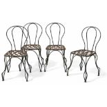 Four garden chairs19th c.Legs and backrests made of curved round bars, the trapezoidal seat with