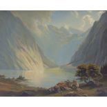 View of the Obersee in the Berchtesgadener Alps with waterfallLandscape painter of the 19th