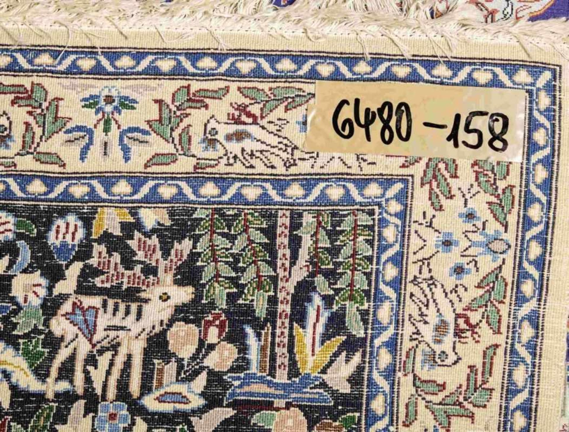 NainIran, 20th century.Beige ground border with tendrils and birds, blue ground centre field with - Bild 3 aus 3