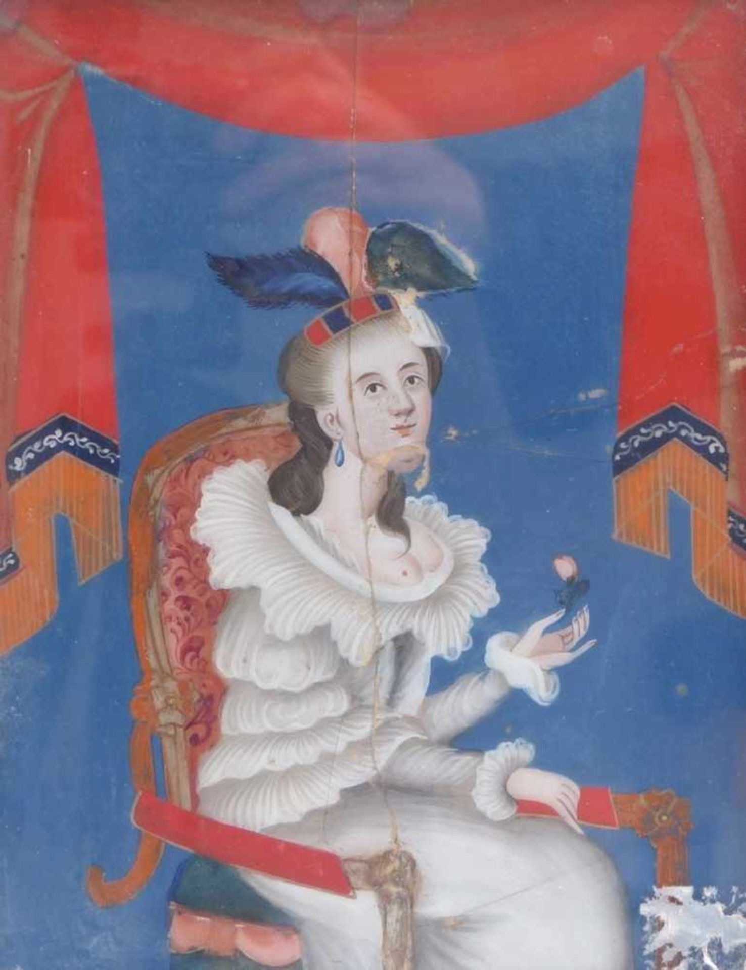 Reverse painting on glass19th centuryA high rectangular polychrome portrait of a seated lady in an