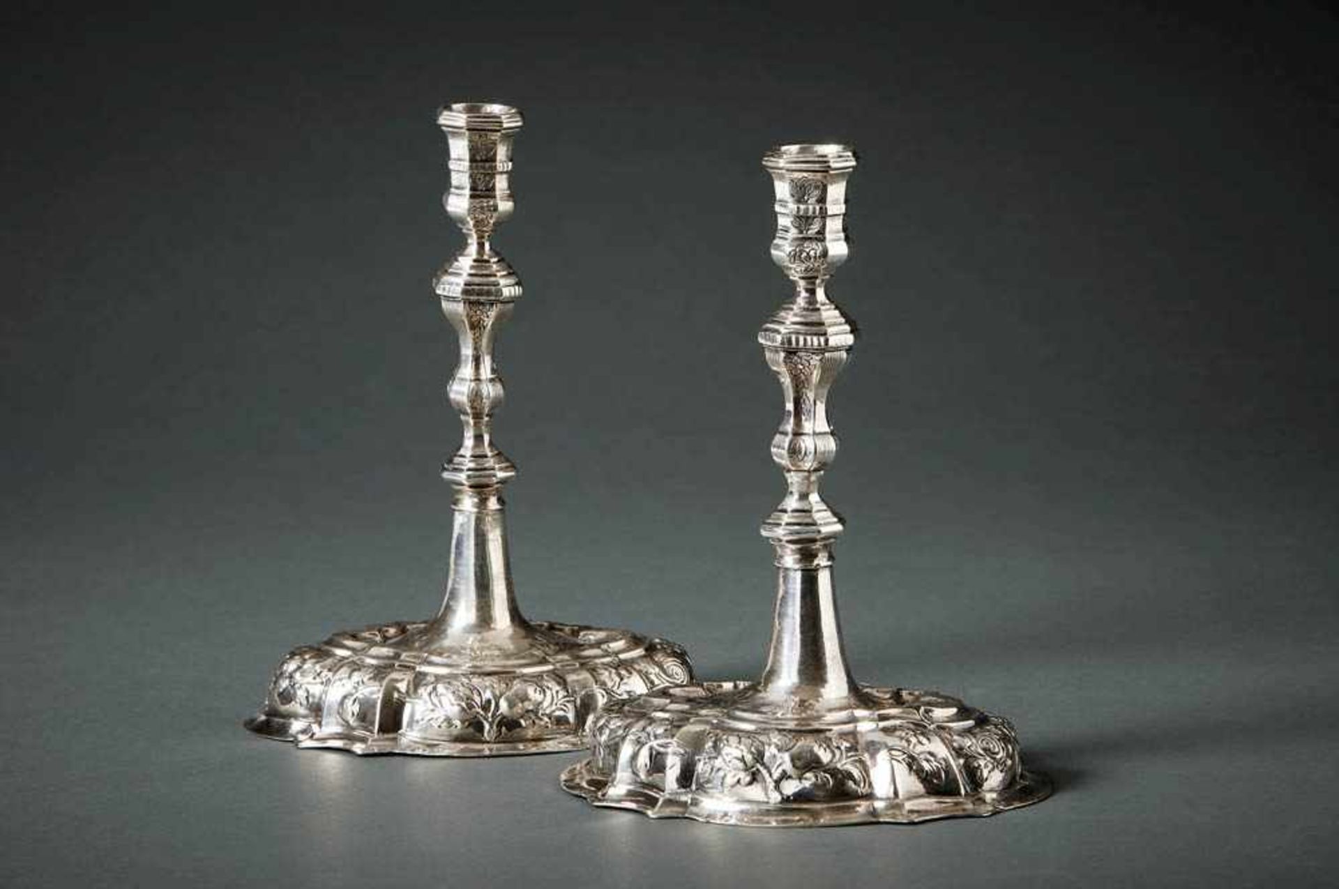 Pair of Silesian baroque candlesticksWroclaw, 1737-45Gottlieb Kuntze (Master 1719-73). Oval,