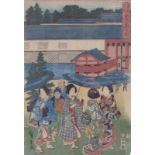 Utagawa Hiroshige II.Women strolling in the city with parasols(1826-1869 Yokohama) Colour woodcut.