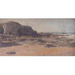 Mussel collector on the beach of a rocky coast in BrittanyLandscape painter of the 19th centuryOil