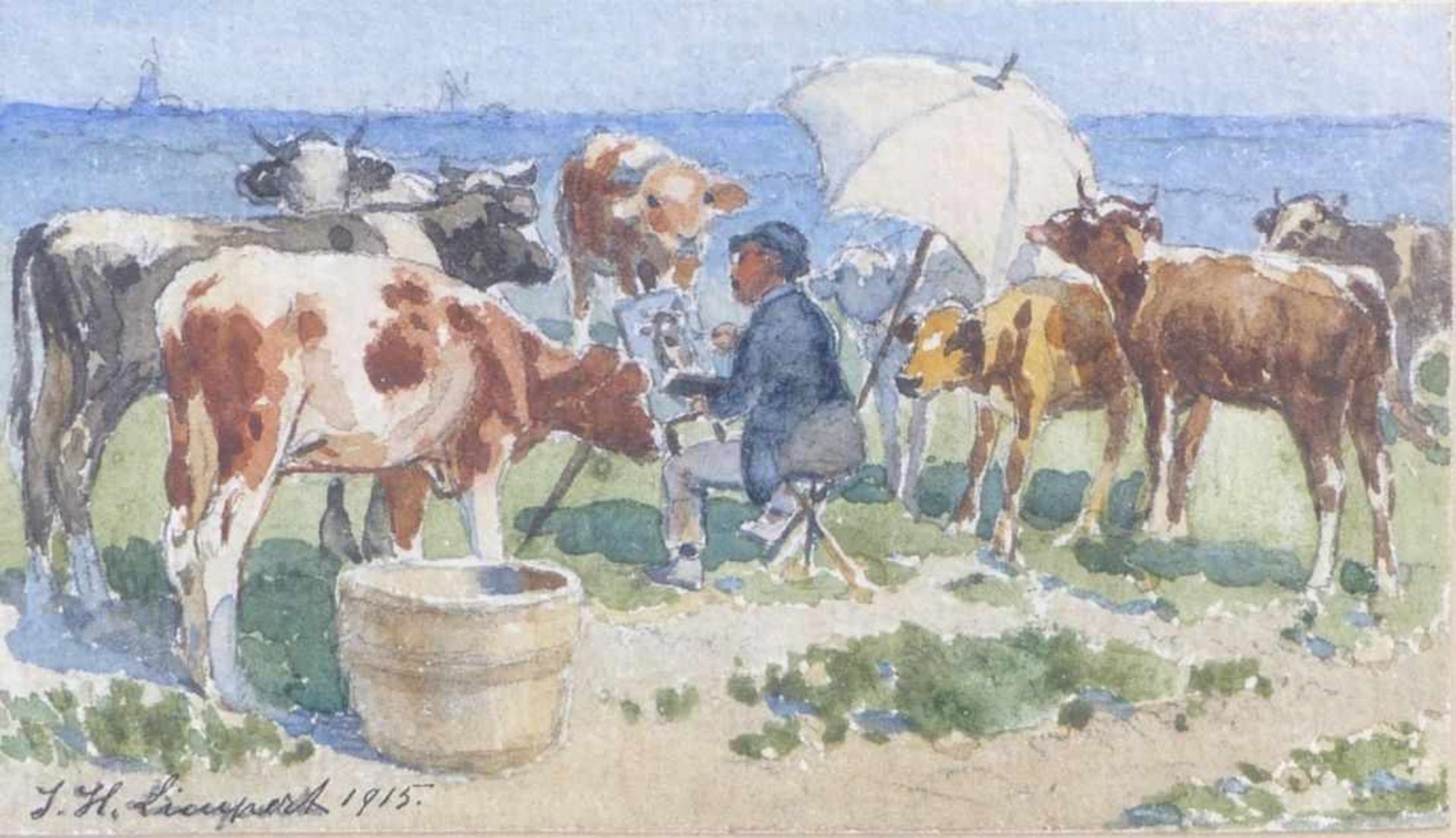 Limpert, Johann HeinrichOpen-air painter under a parasol painting cows(Frankfurt am Main 1858-1938