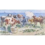 Limpert, Johann HeinrichOpen-air painter under a parasol painting cows(Frankfurt am Main 1858-1938