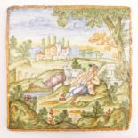 Very large pictorial tileItaly, 20th cent., according to a old modelWhite-ground glazed faience with