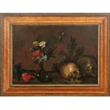Vanitas Still Life with Skulls and FlowersFlemish master of the 17th centuryOil on relined canvas.