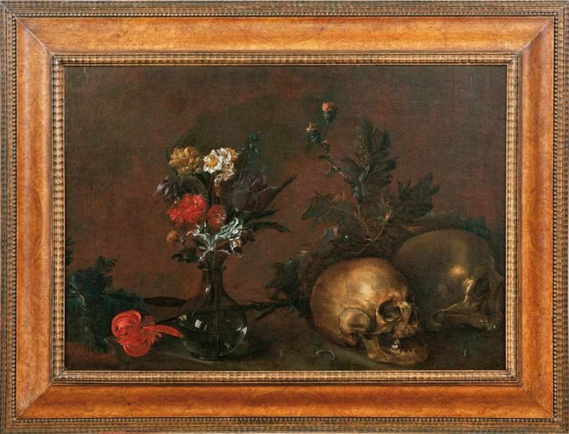Vanitas Still Life with Skulls and FlowersFlemish master of the 17th centuryOil on relined canvas.