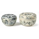 Two small covered boxes for the tea ceremonyAnnam/Vietnam, 15th/16th C.Blue painted stoneware. H.