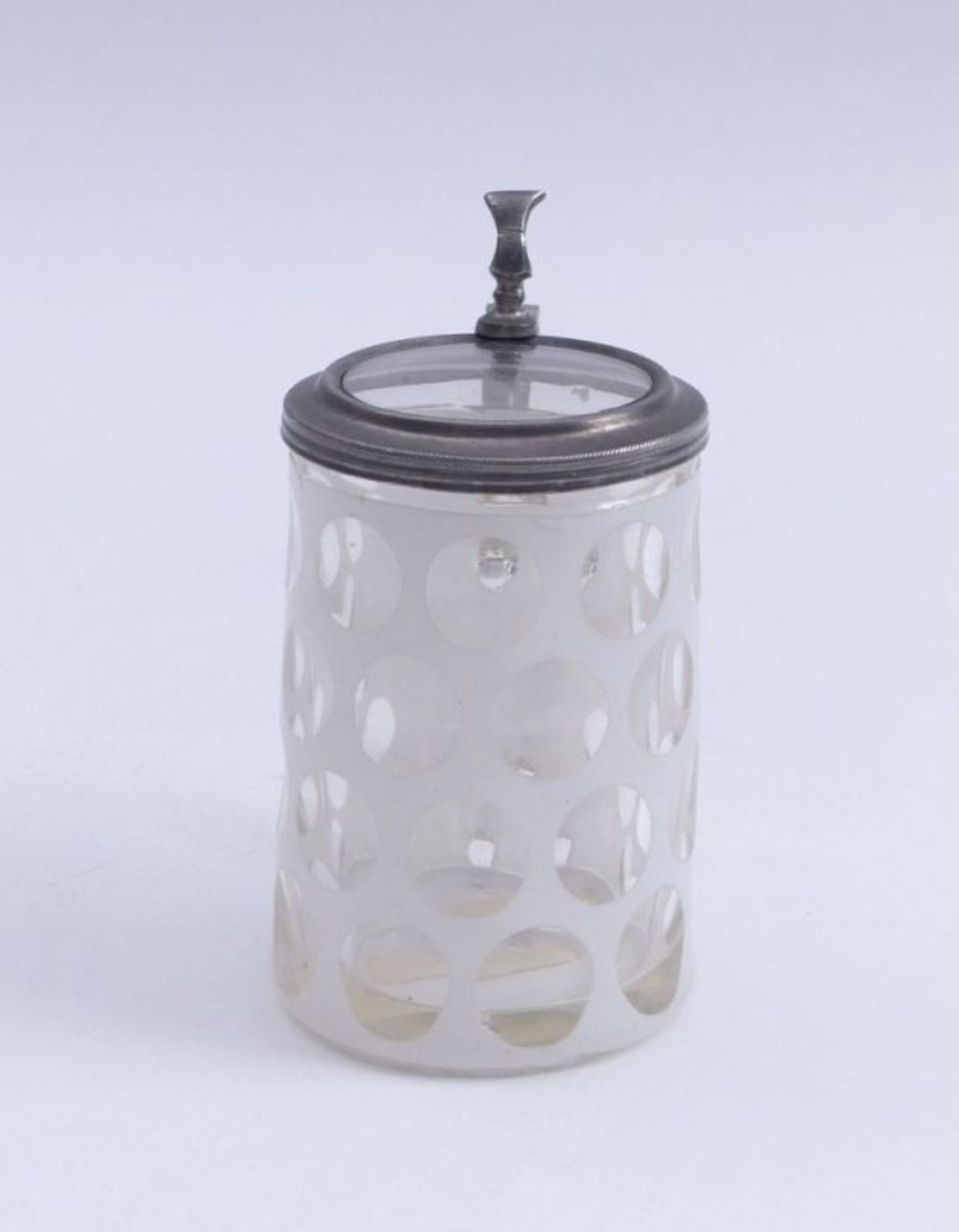 Small Biedermeier tankardBohemia, mid 19th c.With lens-cut decoration. Clear glass, white overlay, - Image 2 of 2