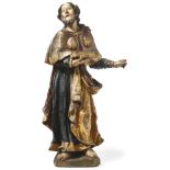 Saint James18th centuryA saint standing barefoot on the plinth in pleated robes, the cloak decorated