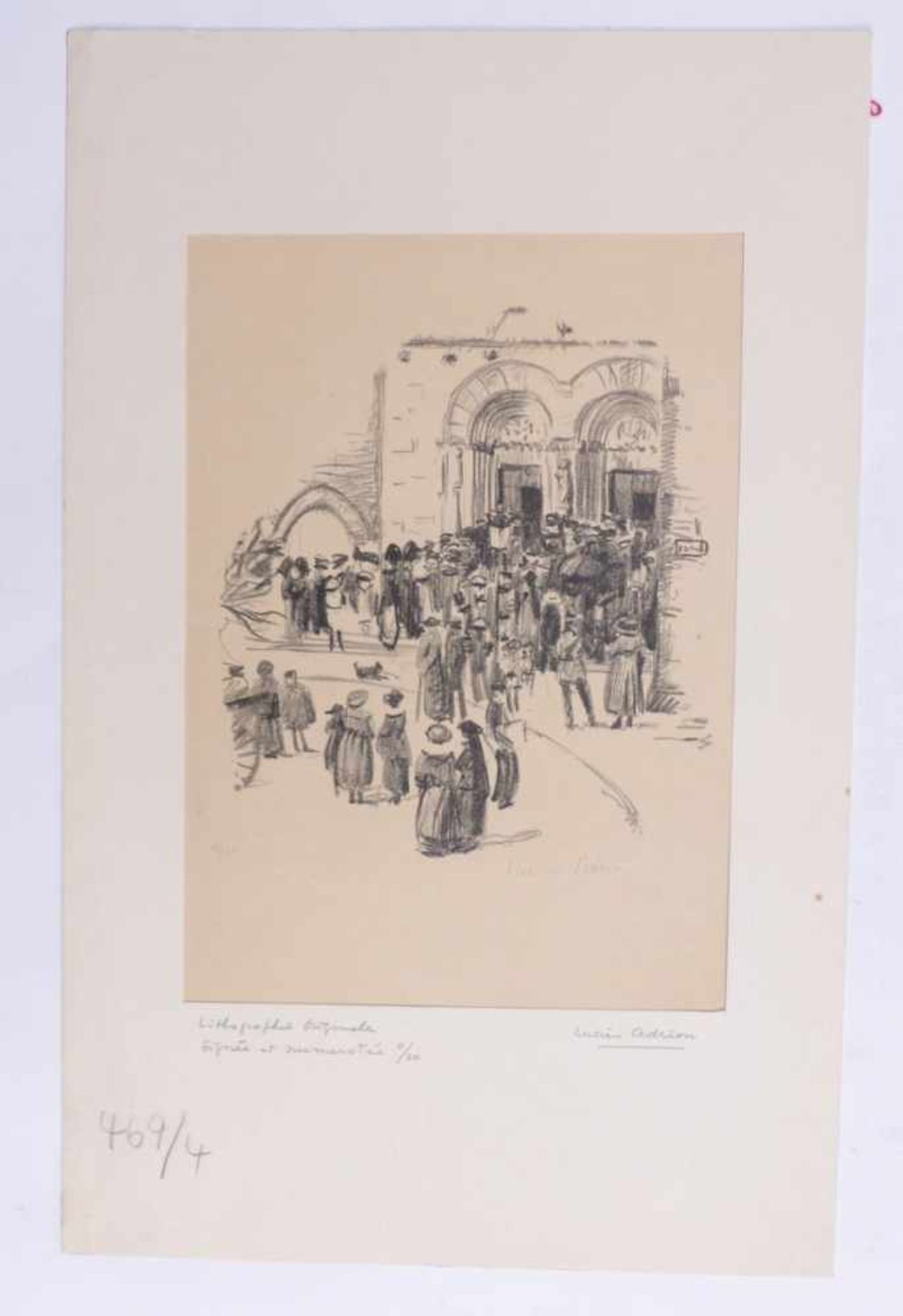 Adrion, LucienChurchgoer at the portal before the mass(Strasbourg 1889-1953 Paris) Lithograph. Lower - Bild 2 aus 3