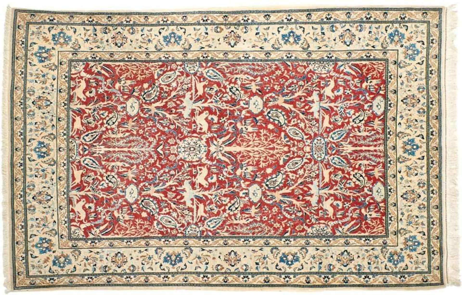 Nain Schisch-lahIran, 20th c.Beige ground tendril border, red ground centre field with symmetrical