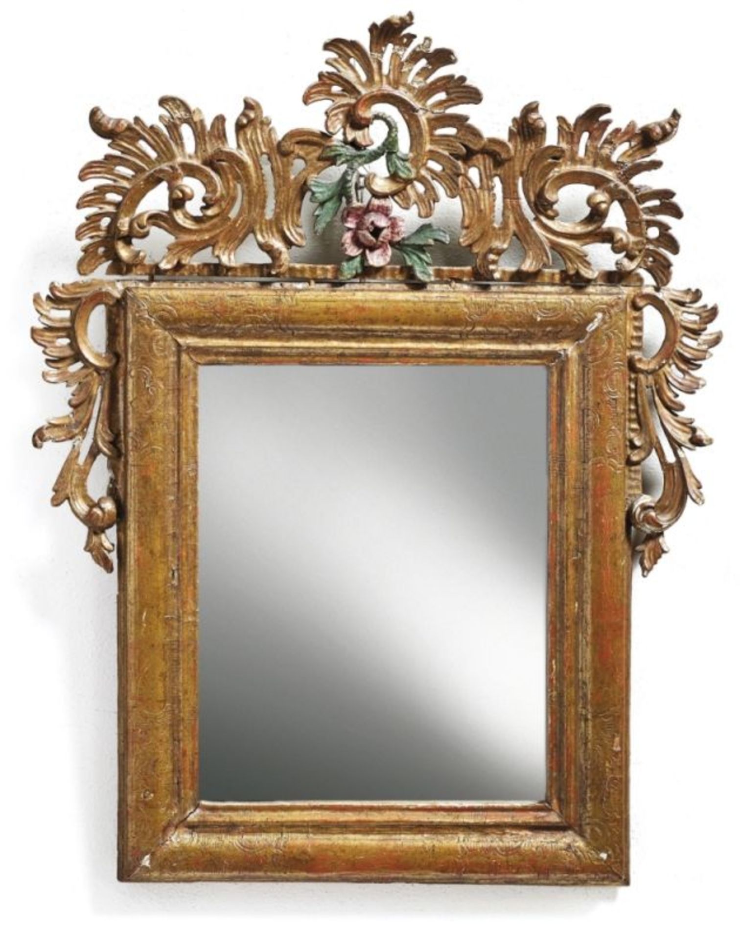 Rococo giltwood mirrorMid 18th C.Conifer wood. 83 x 67 cm. - Signs of age.RokokospiegelM. 18. Jh.