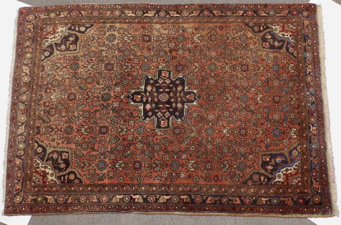 Bijar SandjanIran, 20th c.Red ground with ornaments and flower motifs in blue and beige. Wool. 150 x - Image 2 of 3