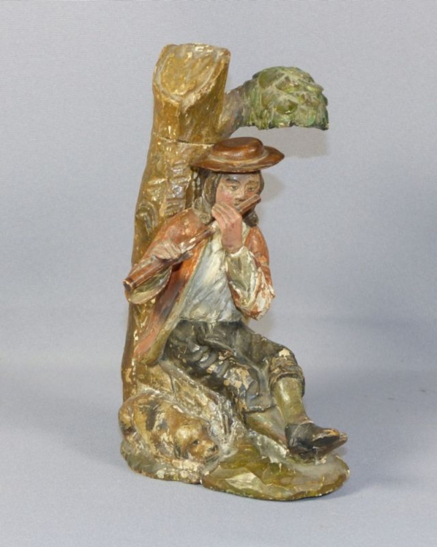 Flute player18th C.Carved and polychrome painted wood. H. 22,5 cm. - Signs of age, painting with - Bild 2 aus 3