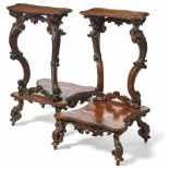 A pair of Rococo prayer benchesItaly, 18th/19th ct.Oak and walnut partly carved. Remains of gilding.