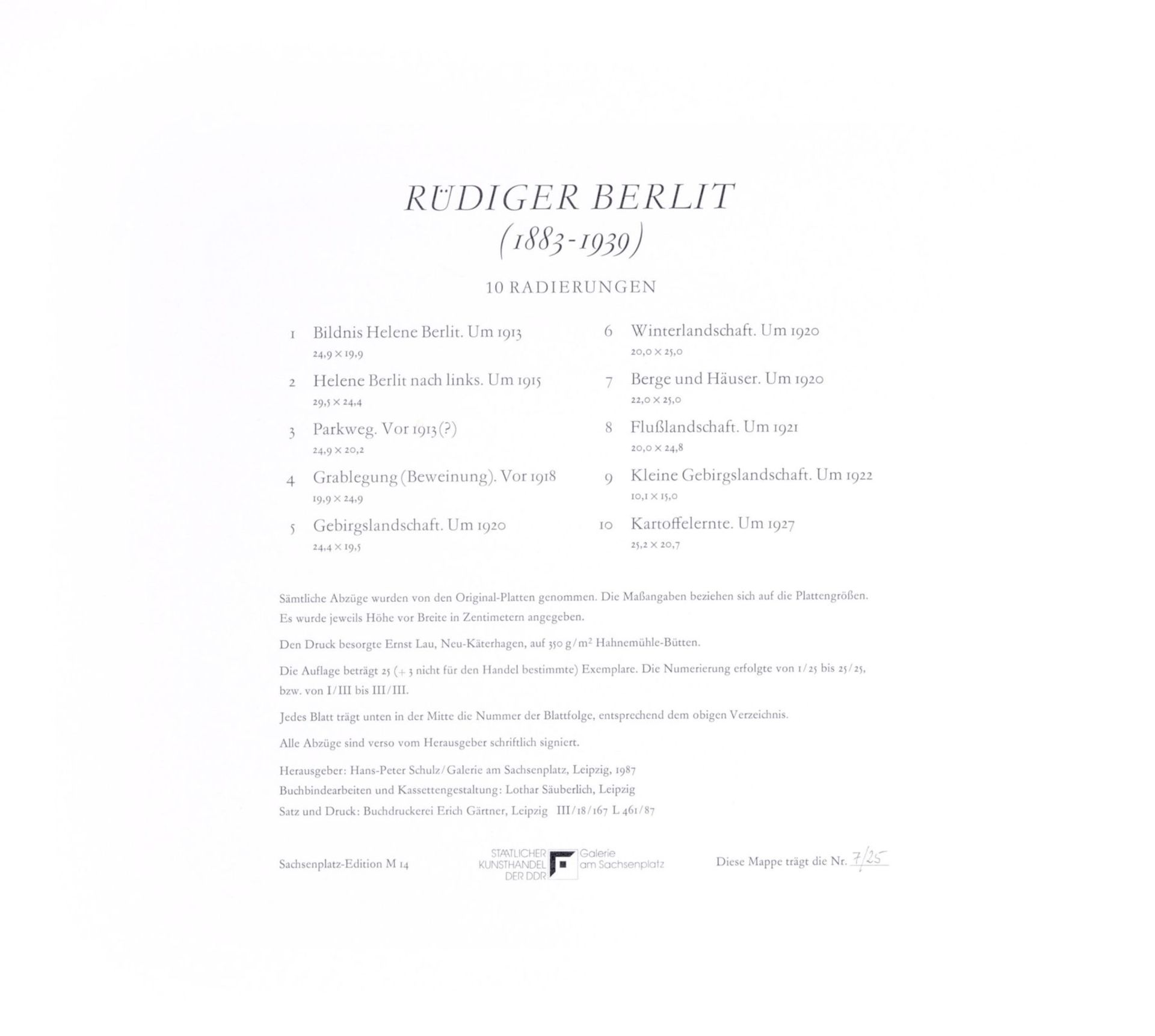 Rüdiger Berlit "10 Radierungen". 1913/1927.Rüdiger Berlit 1883 Leipzig  1939 ebendaRadierung auf "