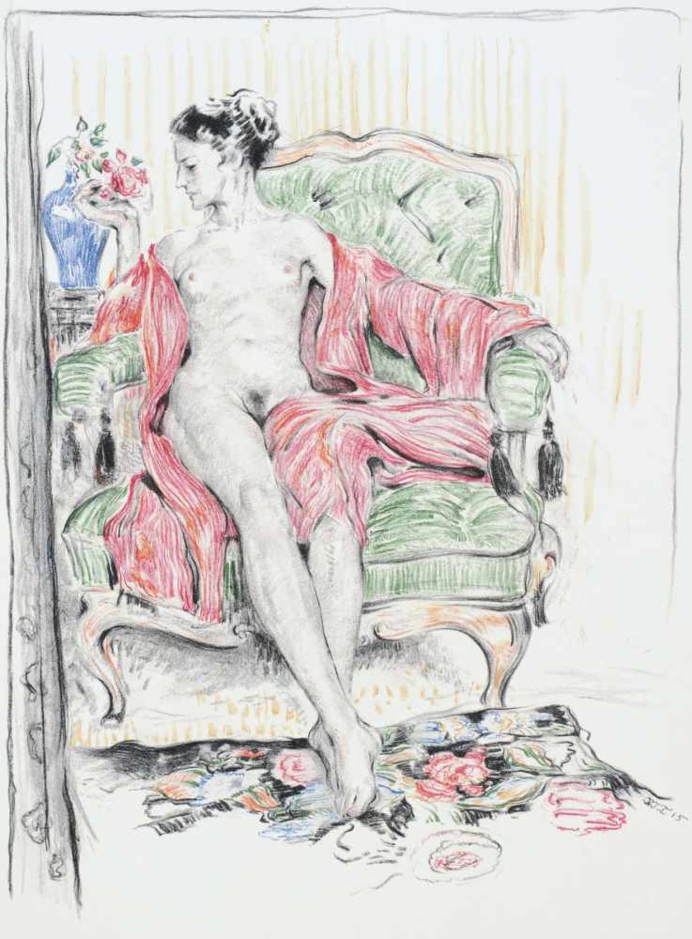 Walter Tiemann "Kamelien" (Weiblicher Akt mit Tuch im Sessel). 1915.Walter Tiemann