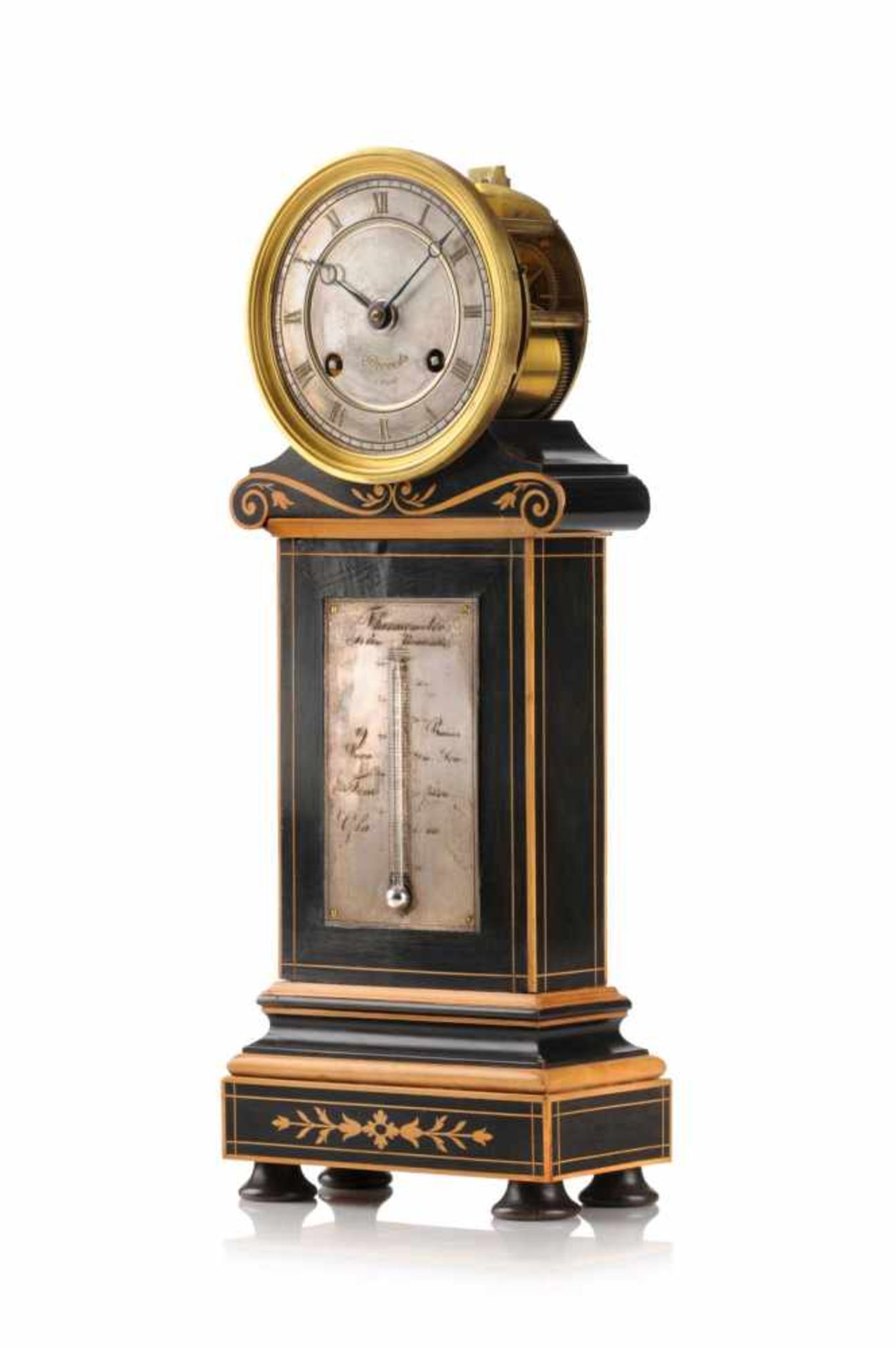 Seltene Charles-X-Pendule mit Thermometer. Brocot & Delettrez, Paris. Um 1850.Holz, furniert,