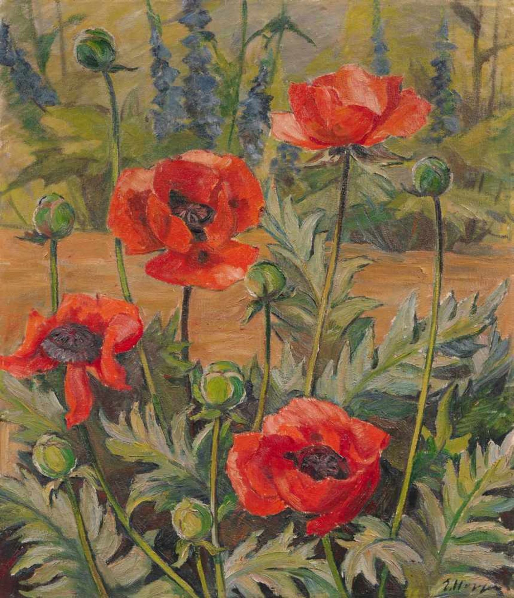 Sella Hasse, Klatschmohn und Rittersporn. Ohne Jahr.Sella Hasse 1878 Bitterfeld  1963 BerlinÖl