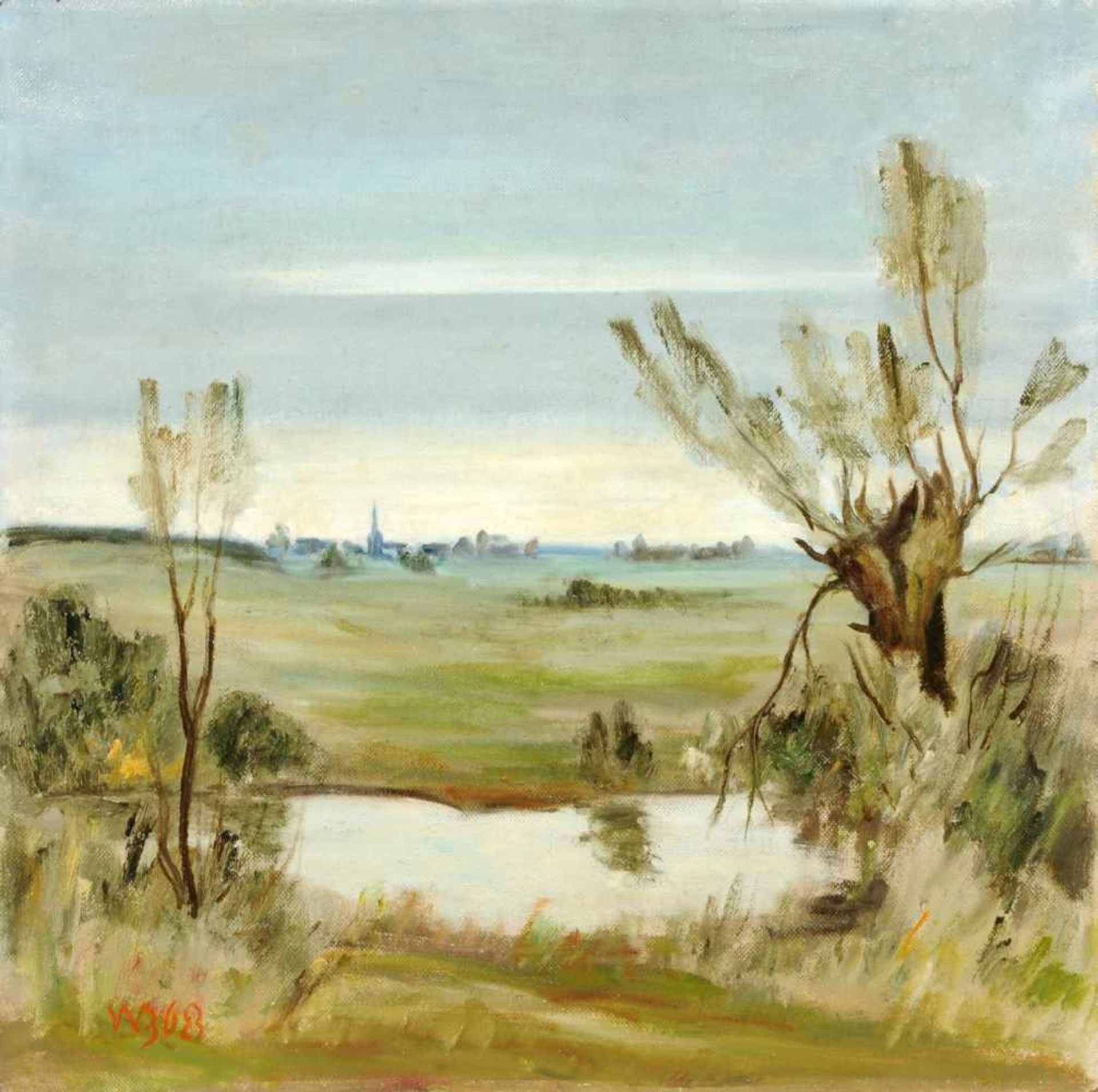 Walter Bodenthal, Wiesenlandschaft mit Tümpel und Kopfweide bei Leipzig. 1968.Walter Bodenthal