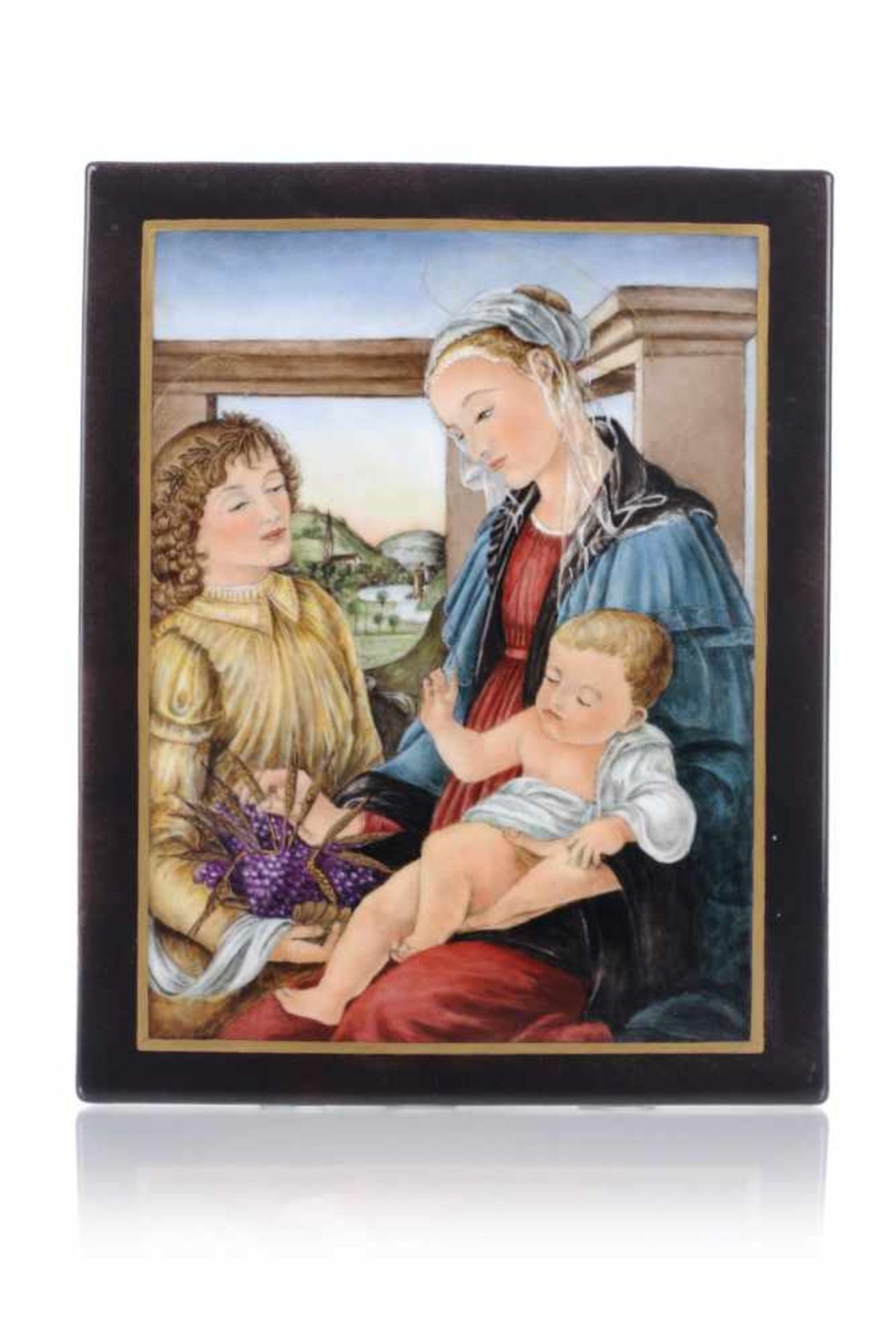 Bildplatte "Madonna der Eucharistie" nach Sandro Botticelli. Wohl spätes 19. Jh.Porzellan, glasiert,