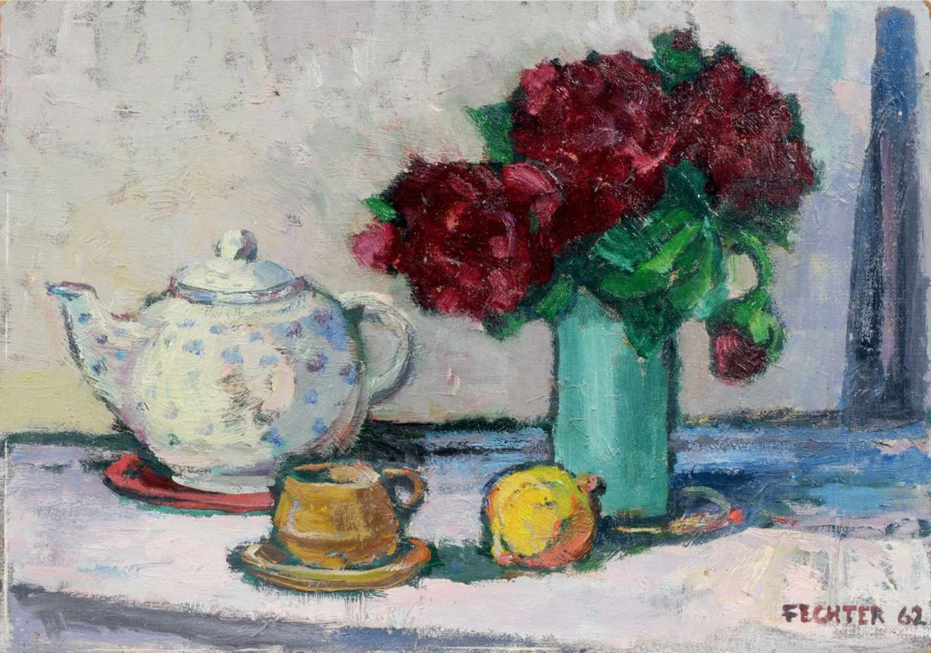 Ernst Fechter, Stilleben mit Teekanne und Rosen. 1992.Ernst Fechter 1924 Löbjojen/Ostpreussen  1998