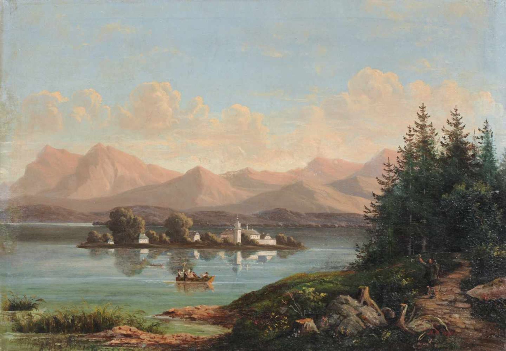 Albin Kühn, Chiemsee, Blick auf die Fraueninsel. 1870.Albin Kühn 1843 Schlotheim  1911 GörlitzÖl