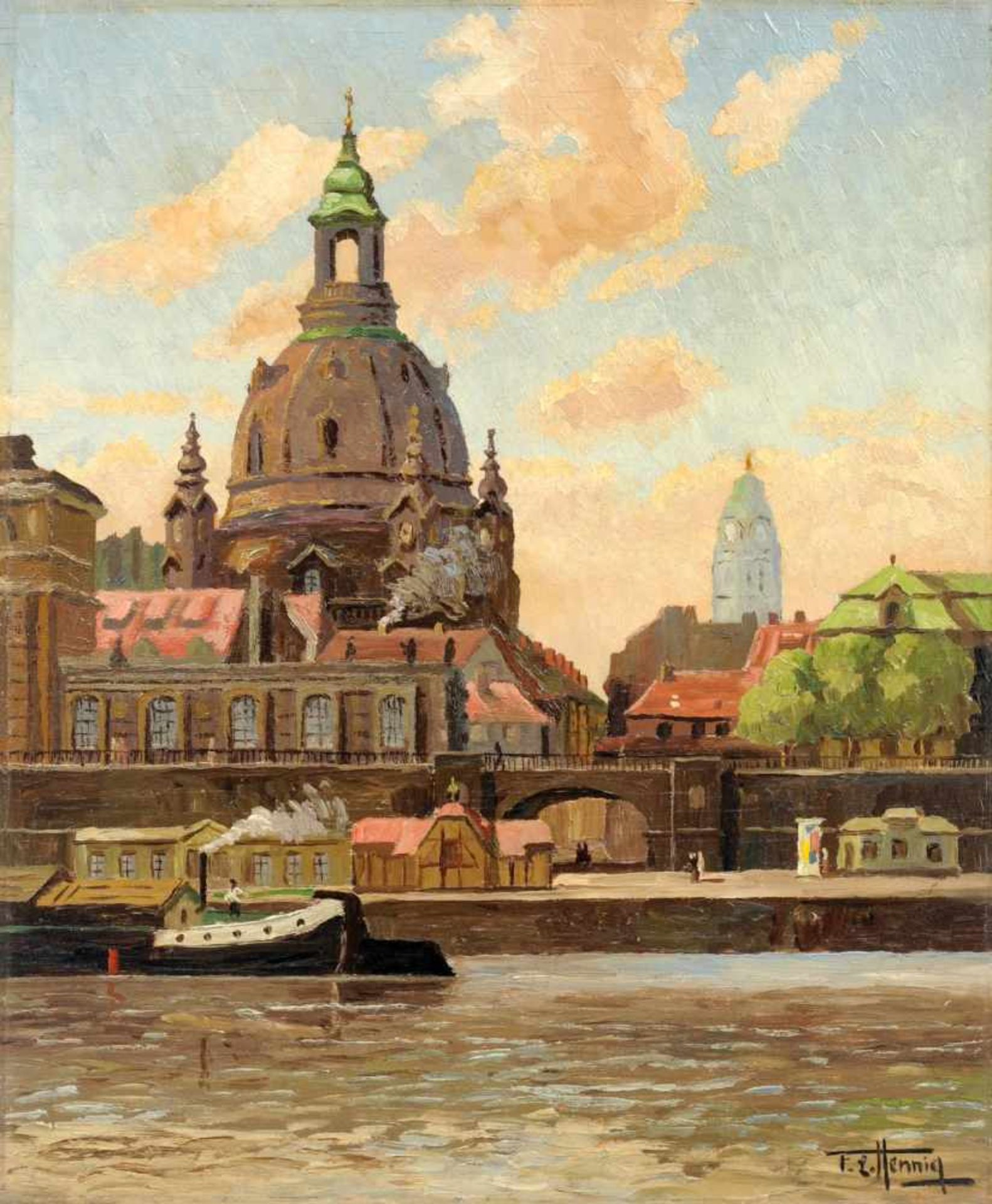 Fritz Leopold Hennig, Dresden - Malerwinkel mit Frauenkirche und Rathausturm. 1930er/1940er Jahre.