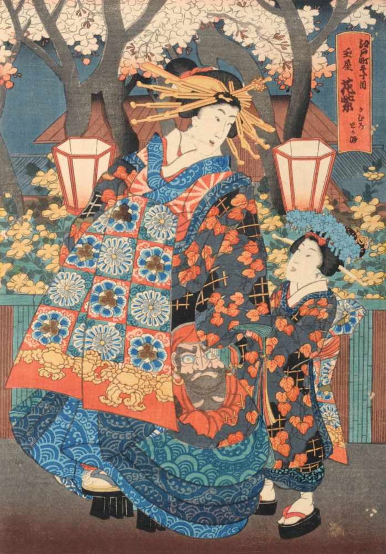 Utagawa Kunisada I., Kurtisane unter blühenden Bäumen. Wohl um 1840.Utagawa Kunisada I. 1786 Edo (