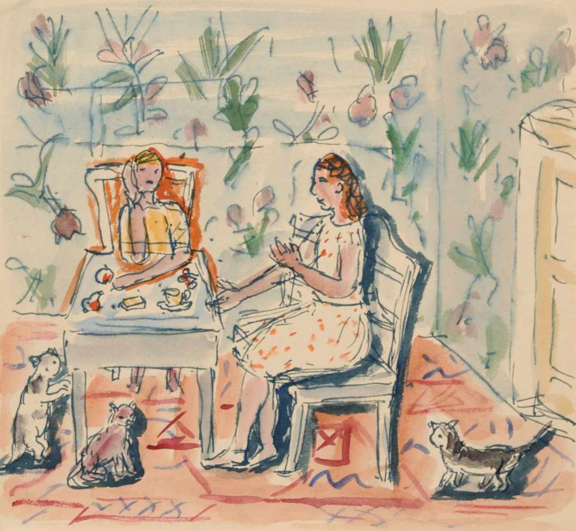 Elisabeth Ahnert, Am Tisch mit drei Katzen. Wohl 1950er-1960er Jahre.Elisabeth Ahnert 1885