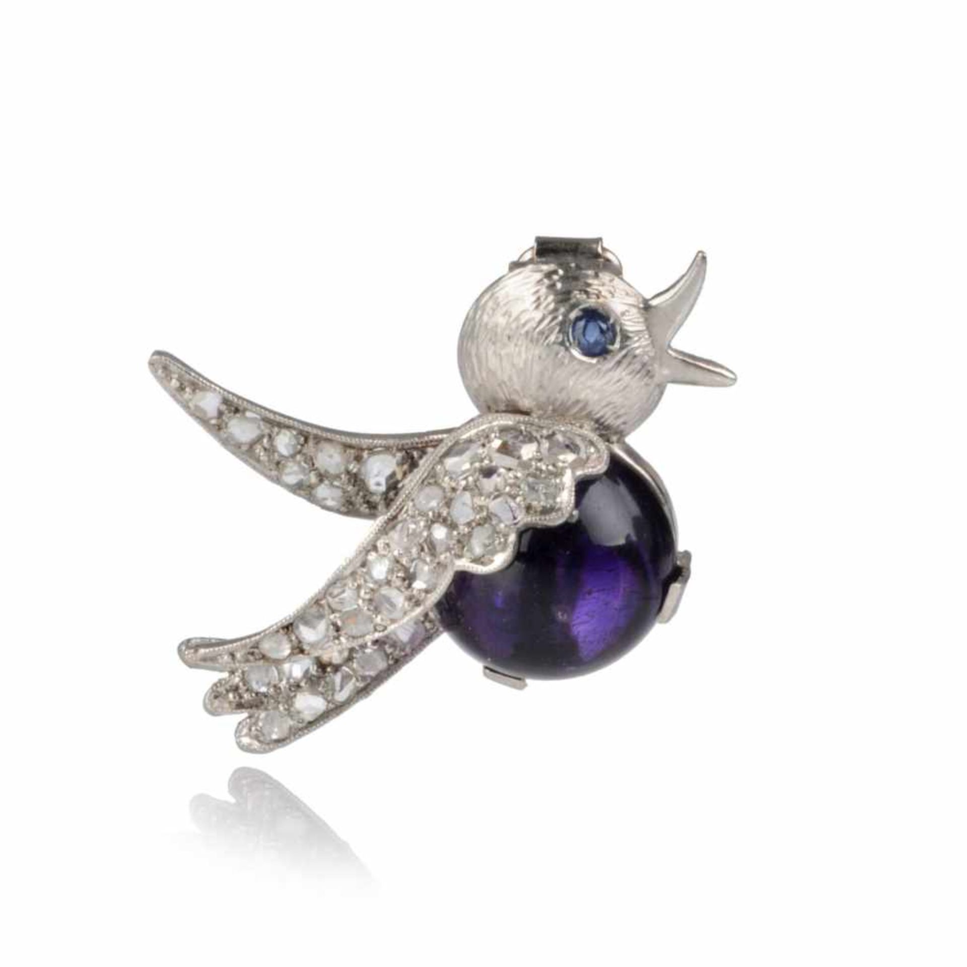 Figürliche Brosche "Vogel" mit Amethyst. Juwelier Bernhard Blum, Berlin. 1960er Jahre.14 K Weißgold.