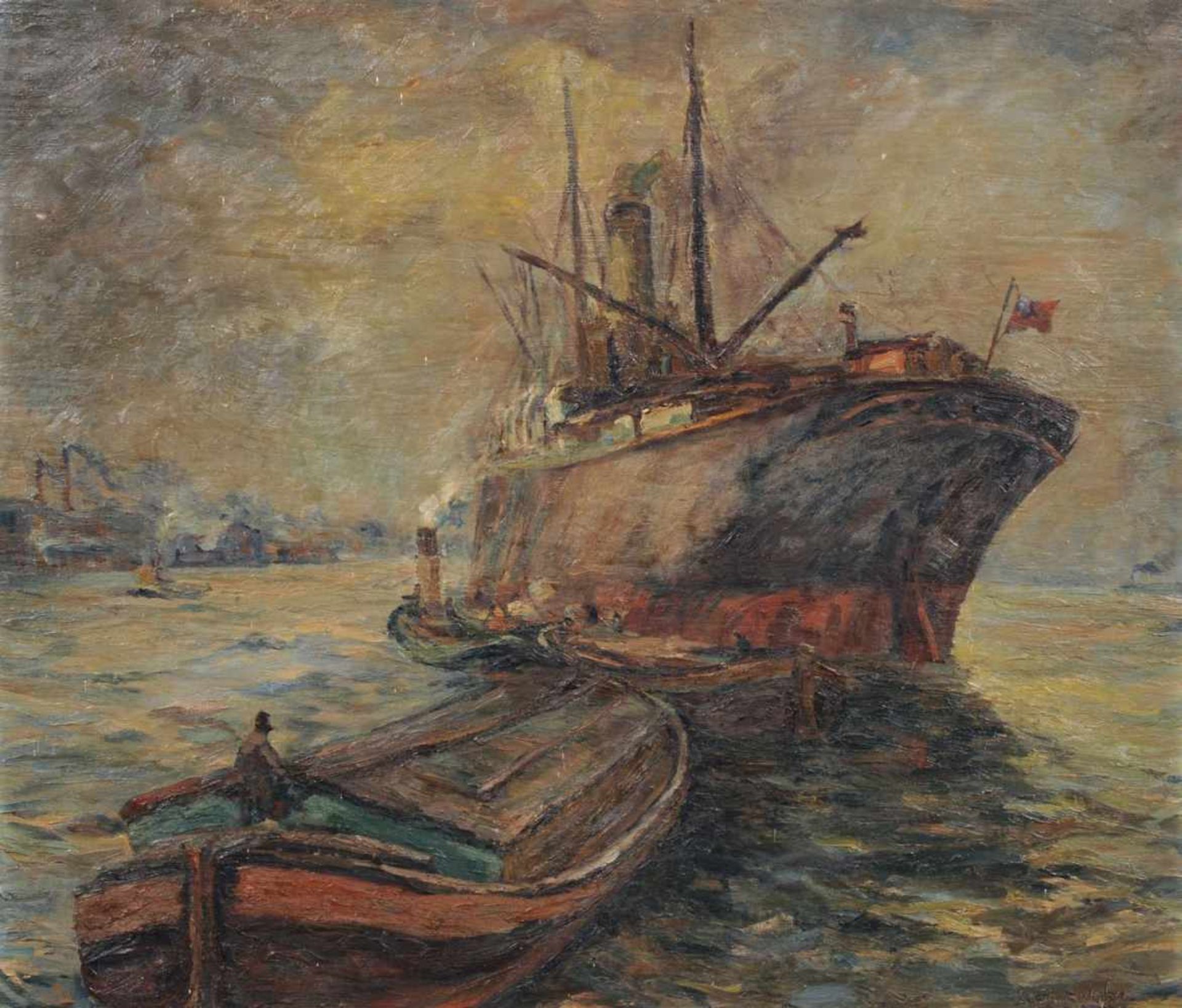 A. Teerling (nach Benno Wulfson), Frachtschiff und Kähne im Hafen. 1. H. 20. Jh.A. Teerling 20. Jh.