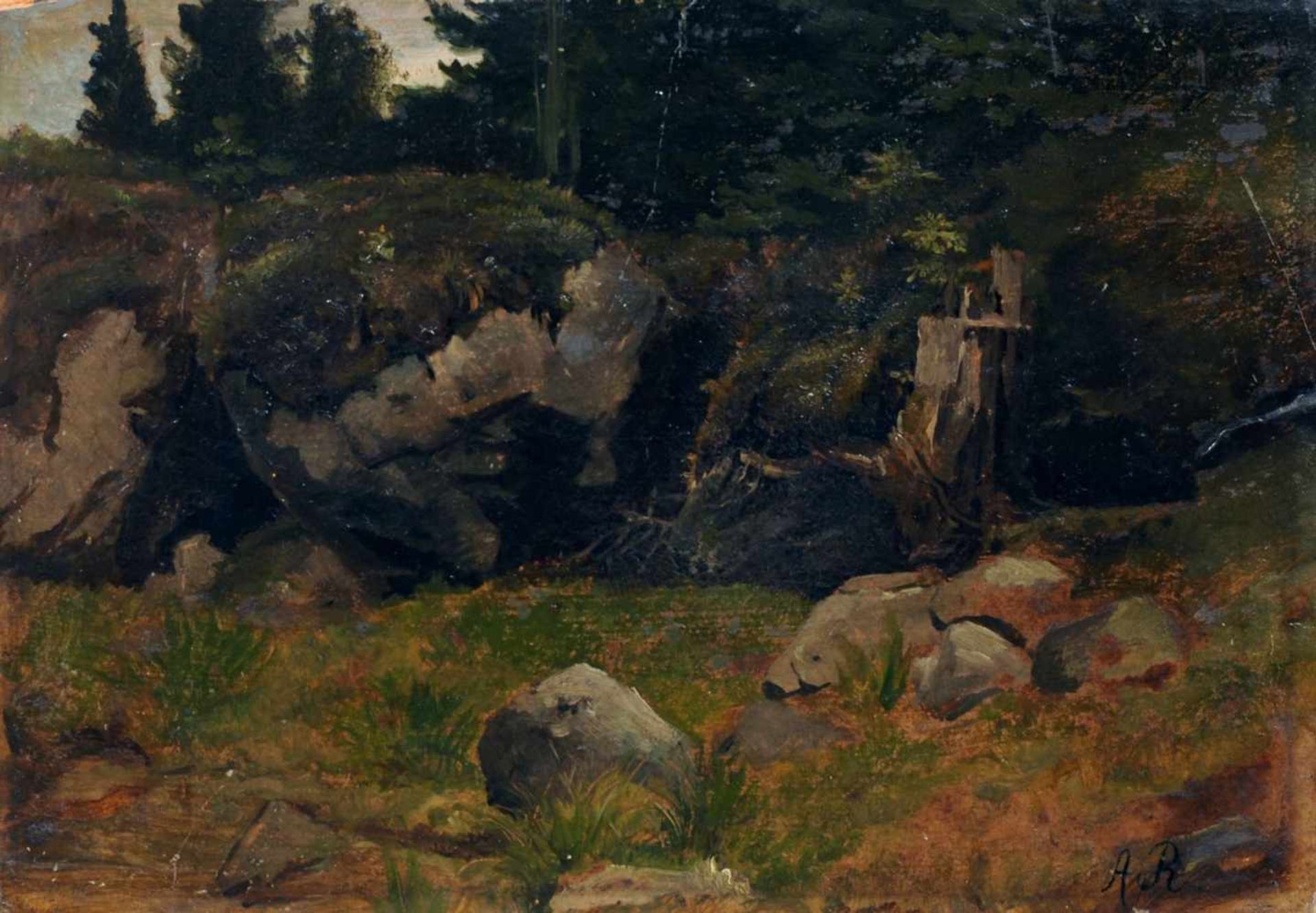 Dresdner (?) Künstler, Felsbrocken am Waldsaum. Wohl um 1860.Öl auf Malpappe, vollflächig auf
