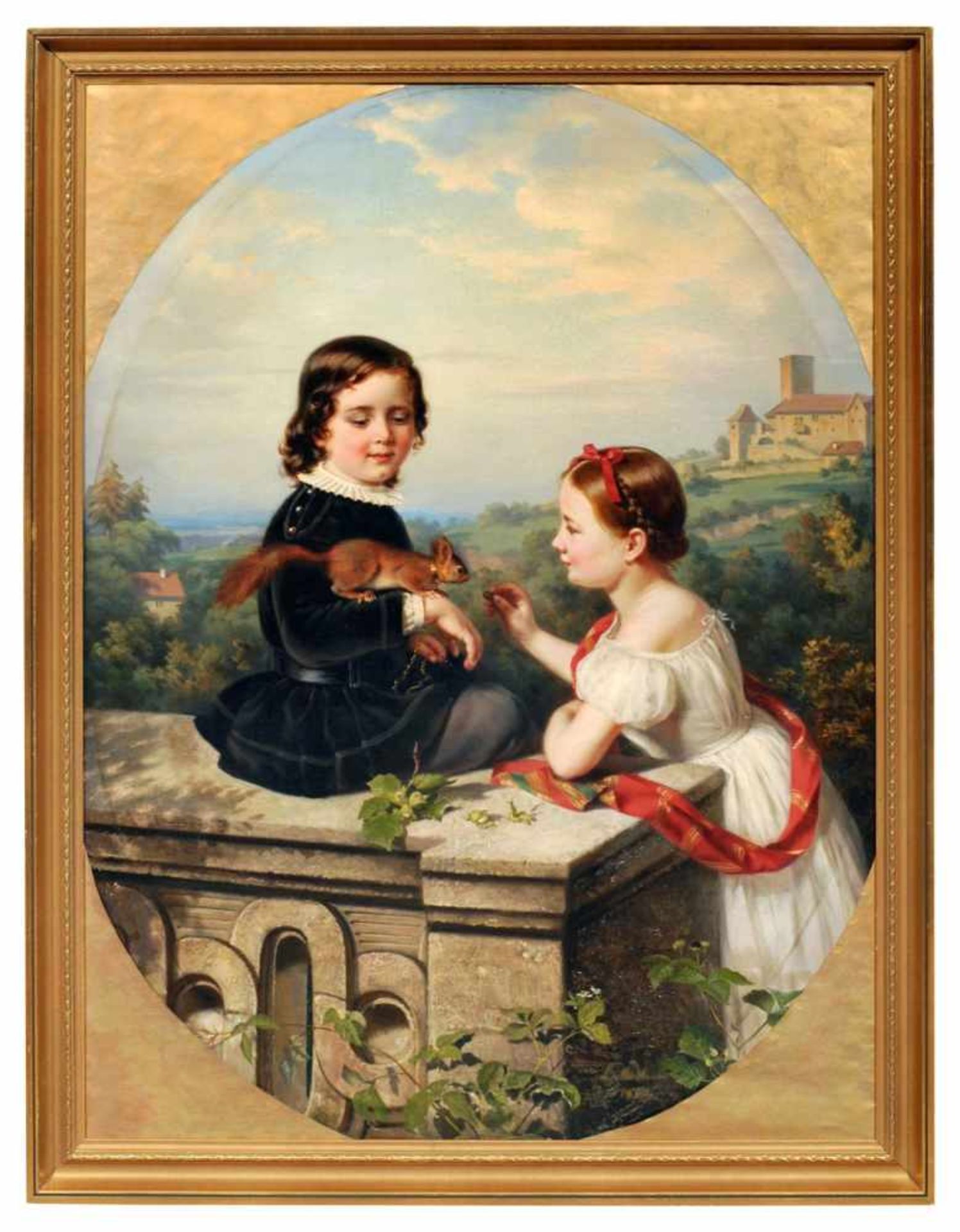 Louise Henriette von Martens, Geschwisterpaar, mit einem zahmen Eichhörnchen spielend. 1860.Louise