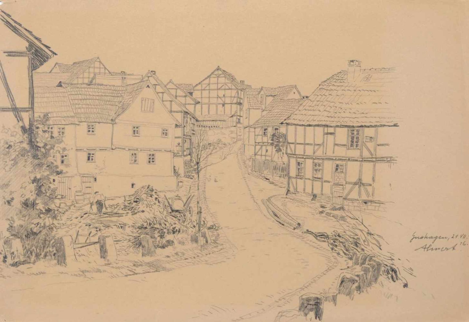 Artur Ahnert "Guxhagen" (Hessen) - Blick in die Brückenstraße über die alte Fuldabrücke. 1916.