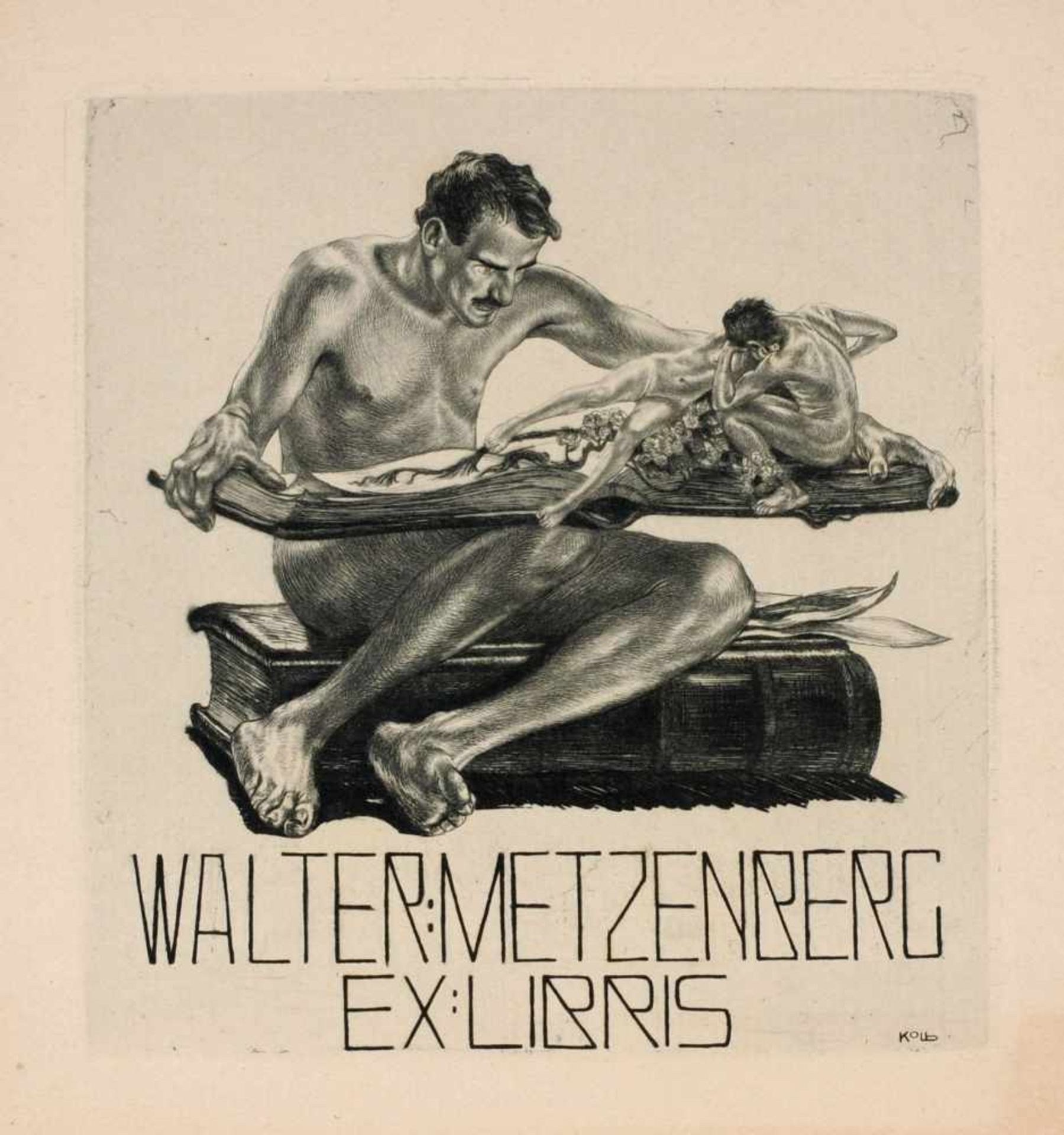 Alois Kolb Exlibris "Walter Metzenberg" / "Oskar Leuschner's Bücherei" / "Dr. Gustav Leuschner". Vor - Bild 2 aus 3