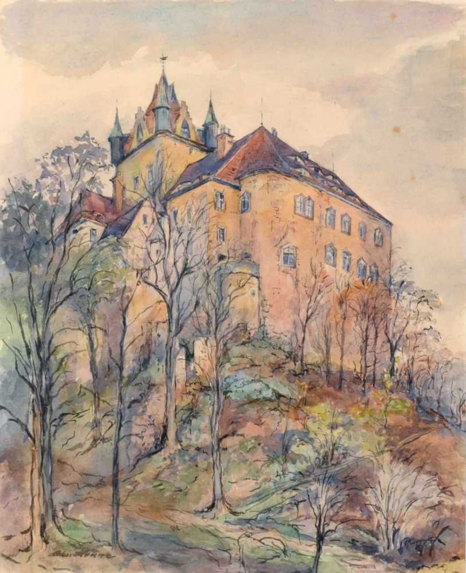 Artur Henne, Blick auf Schloss Kuckuckstein (Liebstadt, Sachsen). Ohne Jahr.Artur Henne 1887 Dresden