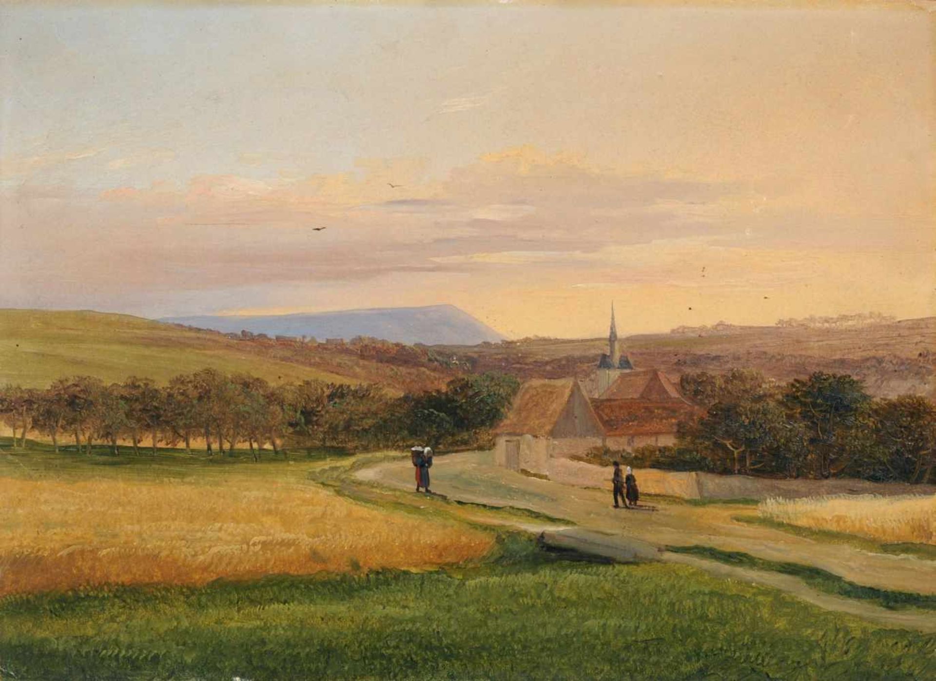 Johann Anton Castell (zugeschr.), Abendliche Landschaft mit Blick auf die Plauener Kirche und den