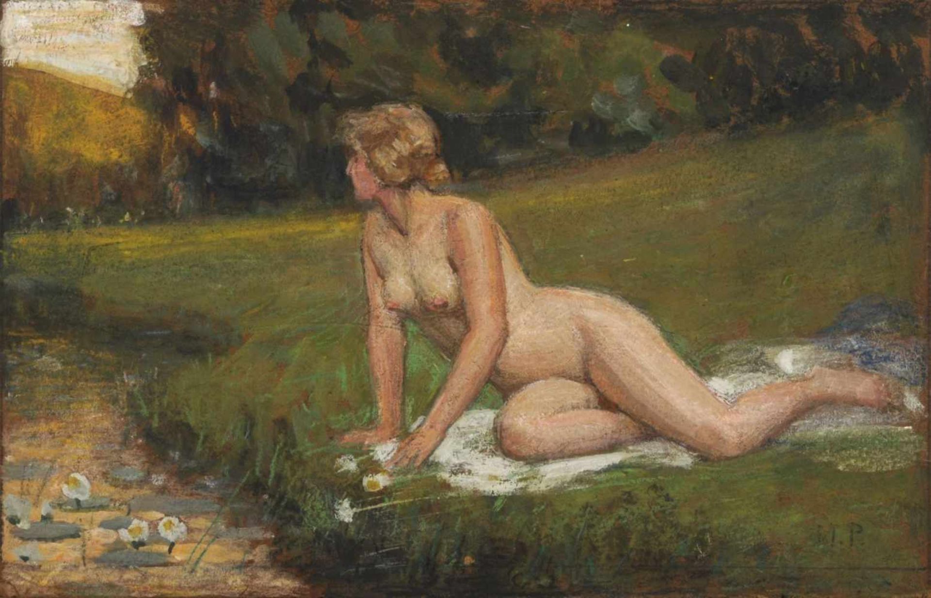 Max Pietschmann, Weiblicher Akt an einem Flusslauf in sommerlicher Landschaft. 1930er Jahre.Max