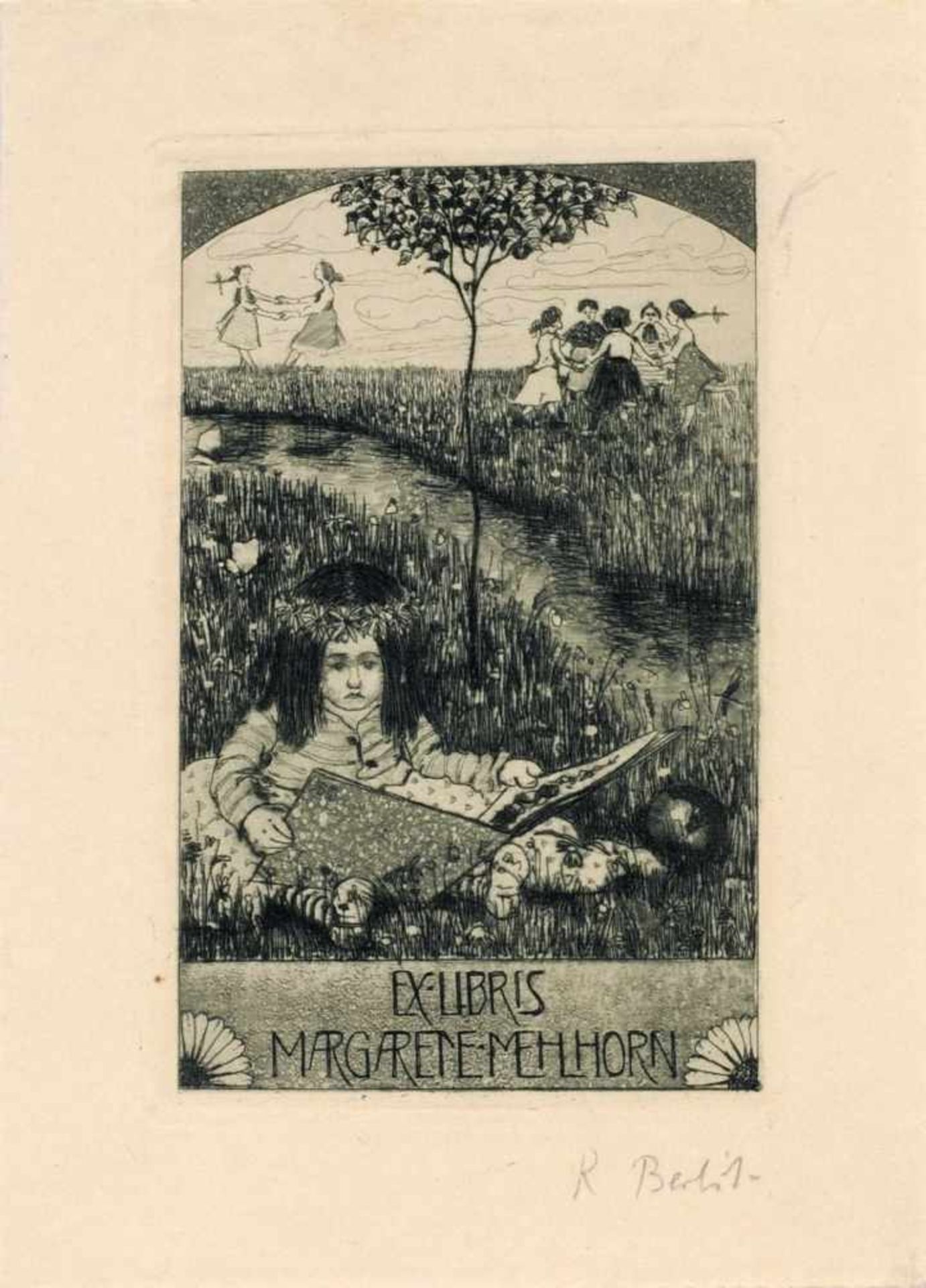 Rüdiger Berlit "Exlibris Margarethe Mehlhorn". Um 1906.Rüdiger Berlit 1883 Leipzig  1939