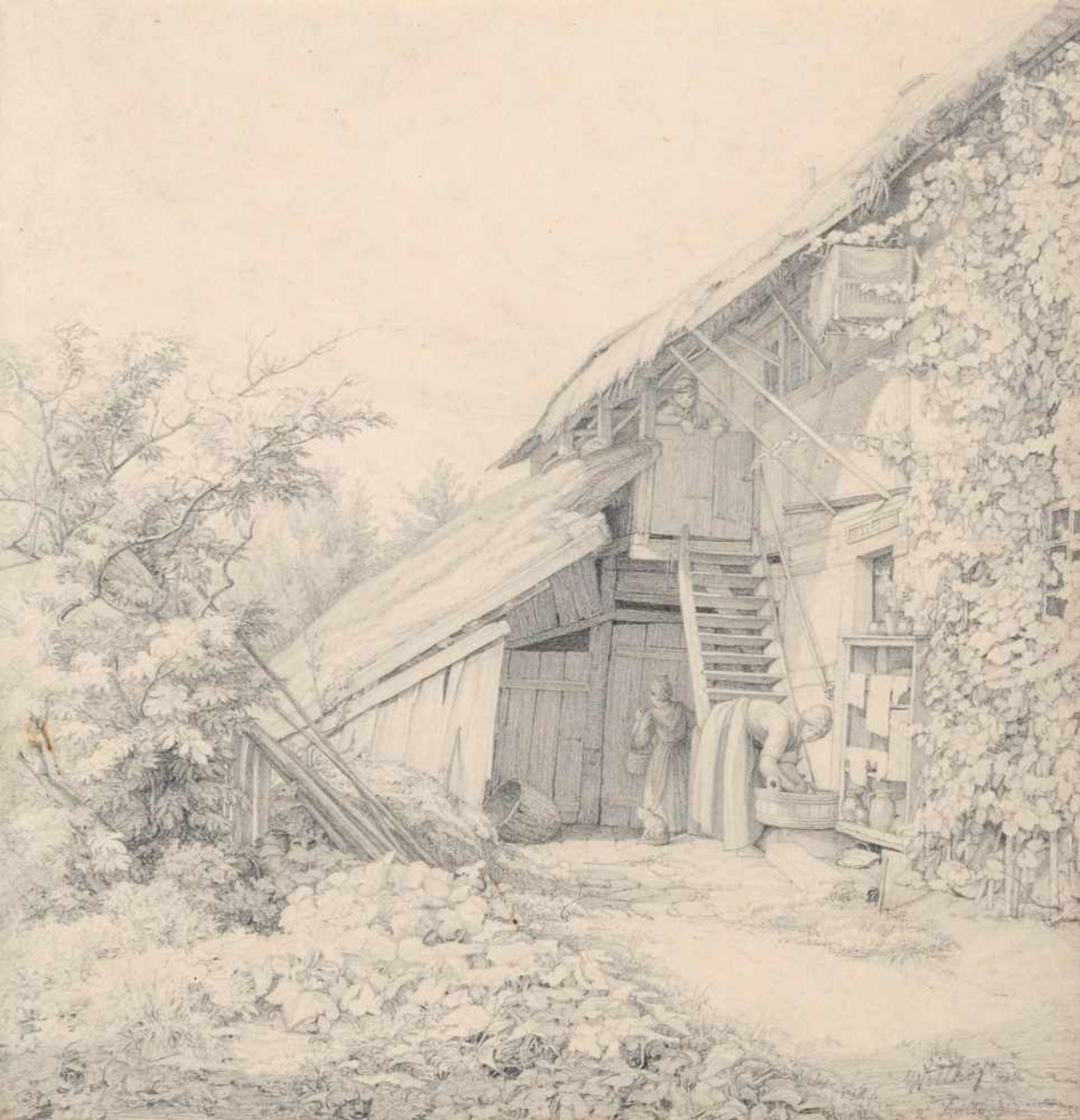 Wilhelm Witthöft "Altes Haus mit Wäscherin". 1836.Wilhelm Witthöft 1816 Stralsund  1874