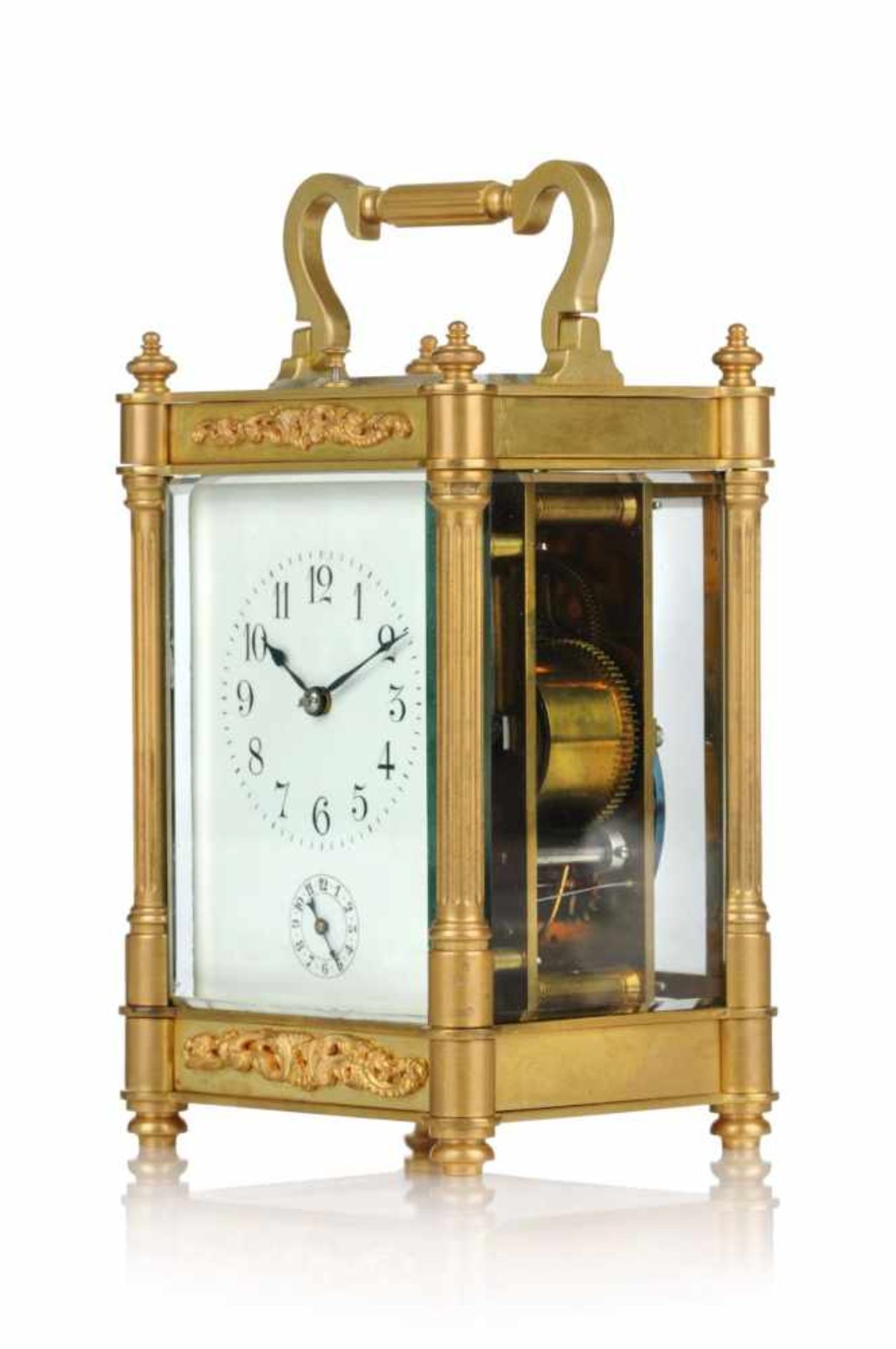 Reiseuhr mit Wecker. Frankreich. Um 1900.Gelbguss, Hochrechteckiger, fünfseitig facettiert - Bild 3 aus 4