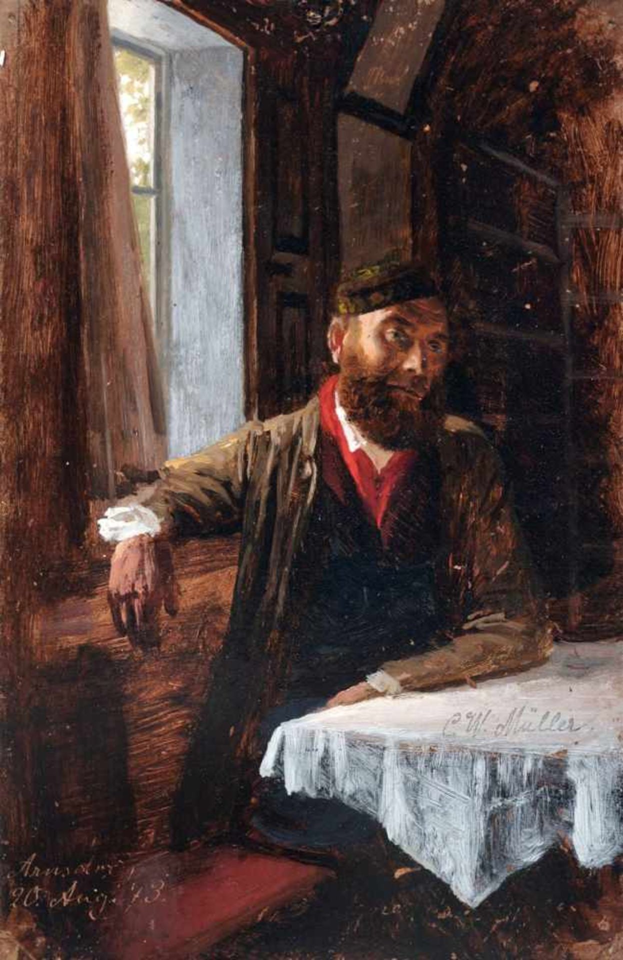 Carl Wilhelm Müller, Mann mit Kappe im Interieur (Selbstbildnis?). 1873.Carl Wilhelm Müller 1839