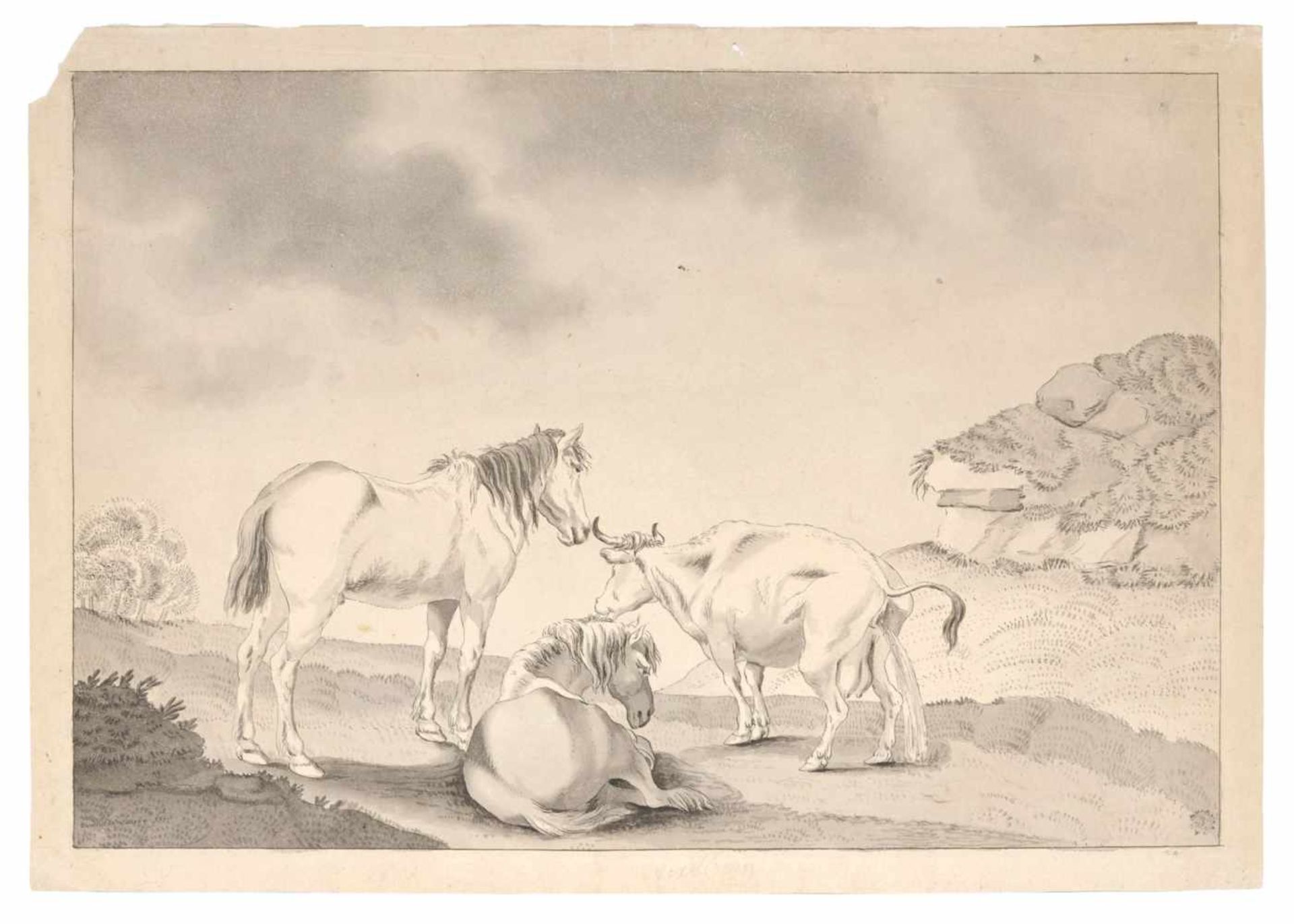 Bardollo de Lew, Weide mit Pferden und einer Kuh. 19. Jh.Bardollo de Lew 19. Jh.Federzeichnung in
