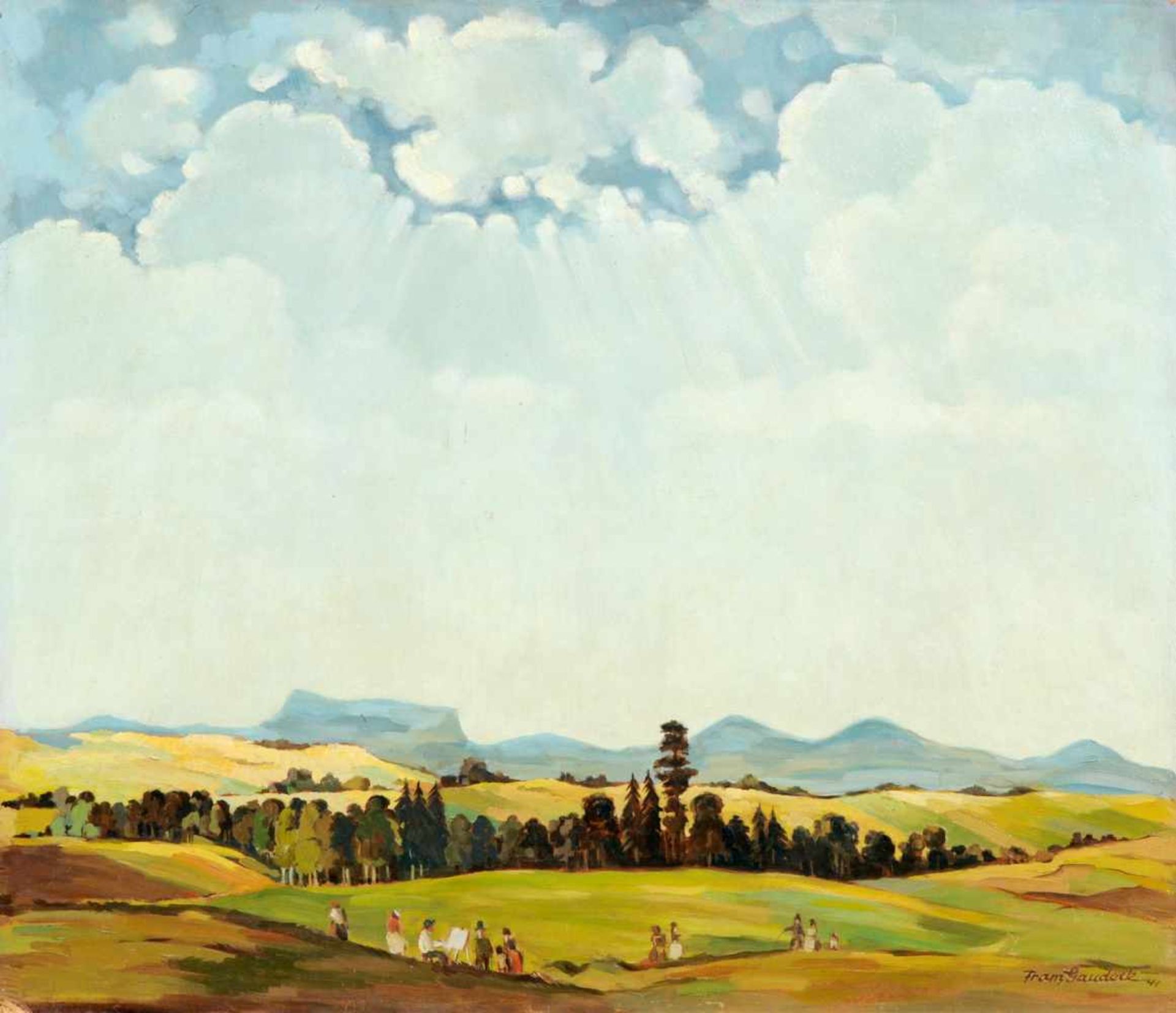 Franz Gaudeck, Weite Landschaft mit Ausflüglern und Maler mit Blick auf die sächsisch-böhmische